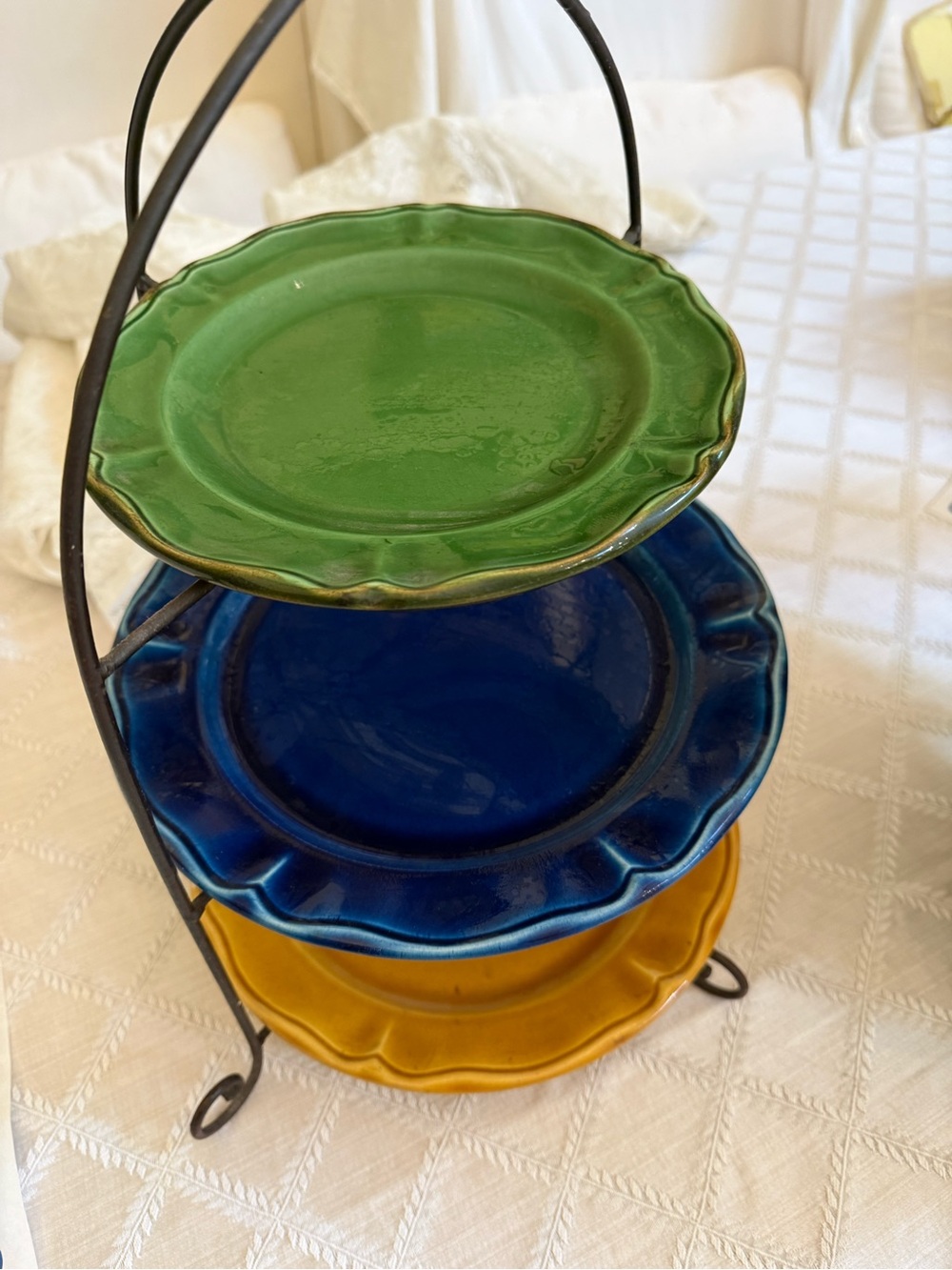 Three-Tier Ceramic Serving Stand with Green, Blue & Yellow Plates